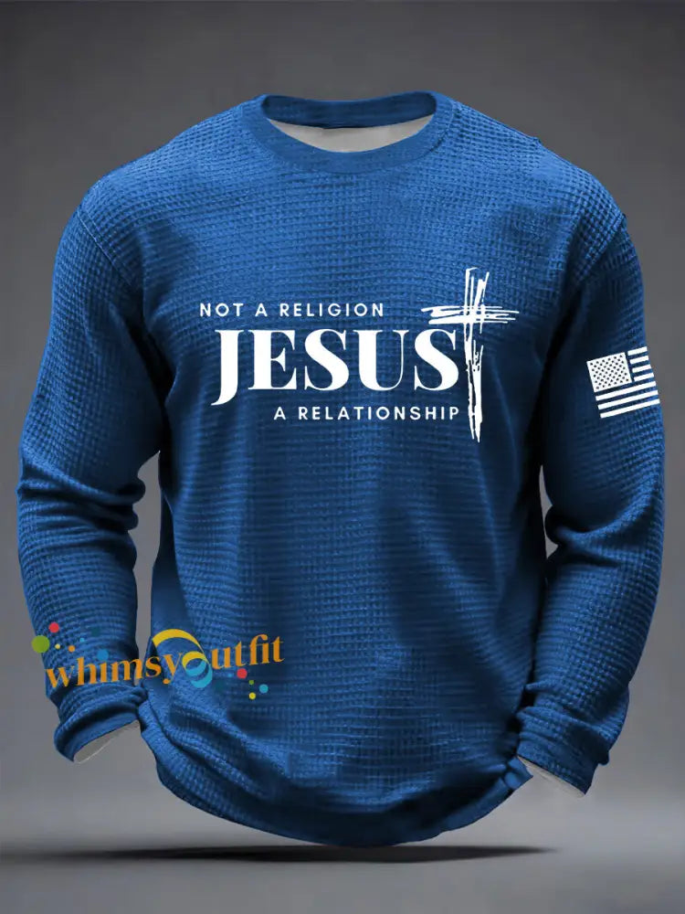 Men’s It’s Not Religion It’s A Relationship Jesus Cross Waffle Long Sleeve T-Shirt Blue / S
