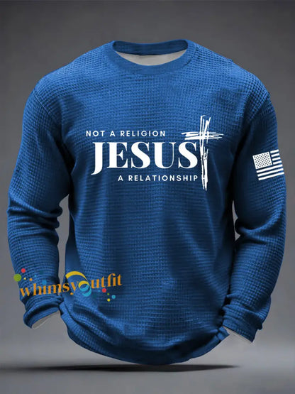 Men’s It’s Not Religion It’s A Relationship Jesus Cross Waffle Long Sleeve T-Shirt Blue / S