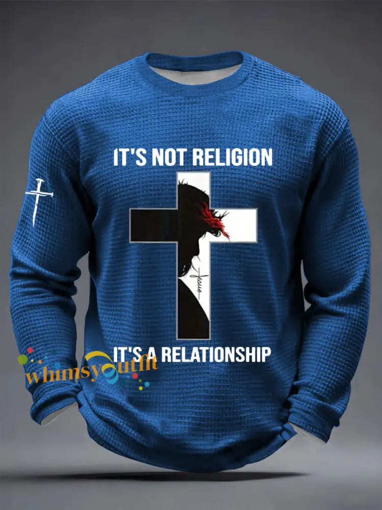 Men’s It’s Not Religion It’s A Relationship Jesus Cross Waffle Long Sleeve T-Shirt Blue / S