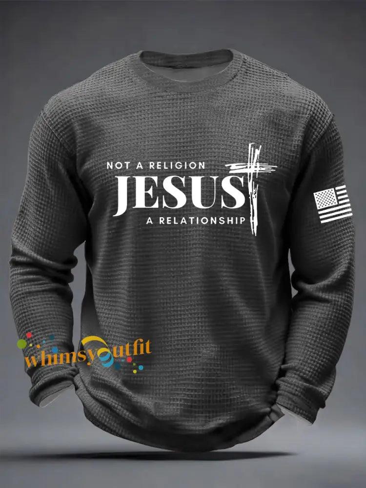 Men’s It’s Not Religion It’s A Relationship Jesus Cross Waffle Long Sleeve T-Shirt Dark Gray / S