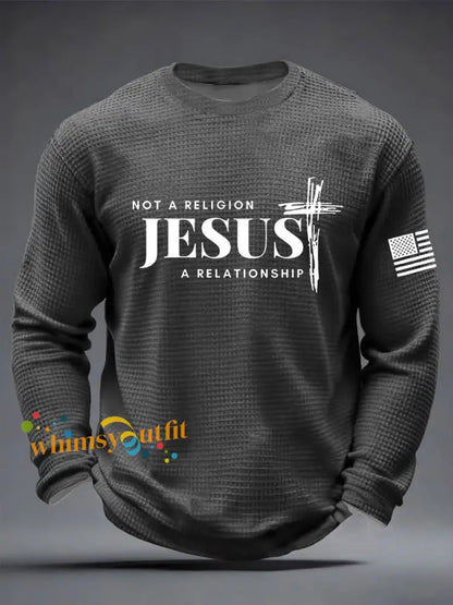 Men’s It’s Not Religion It’s A Relationship Jesus Cross Waffle Long Sleeve T-Shirt Dark Gray / S