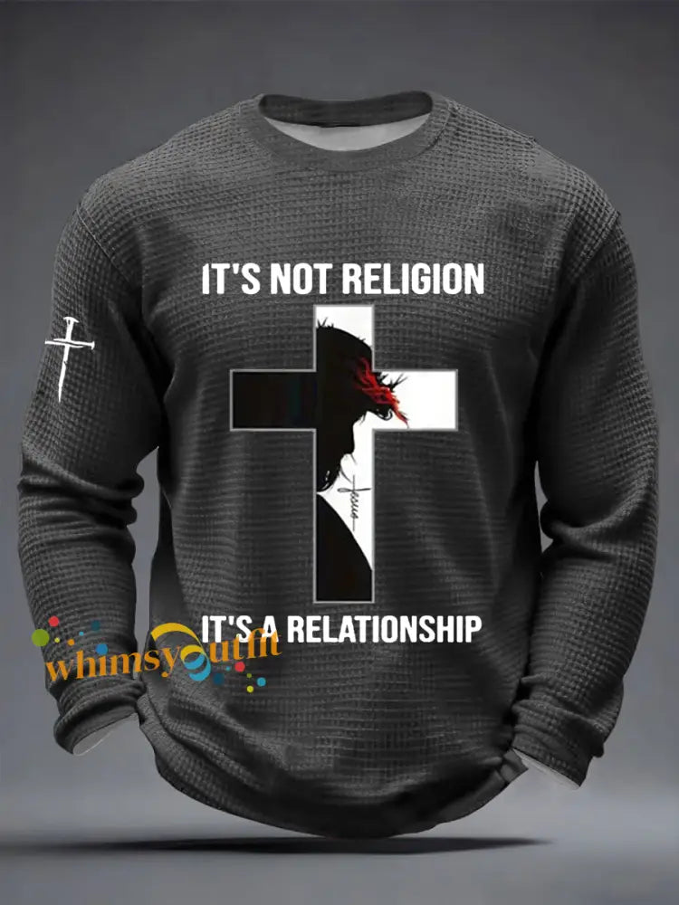 Men’s It’s Not Religion It’s A Relationship Jesus Cross Waffle Long Sleeve T-Shirt Dark Gray / S