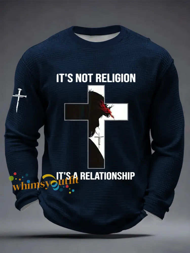 Men’s It’s Not Religion It’s A Relationship Jesus Cross Waffle Long Sleeve T-Shirt Navy Blue / S