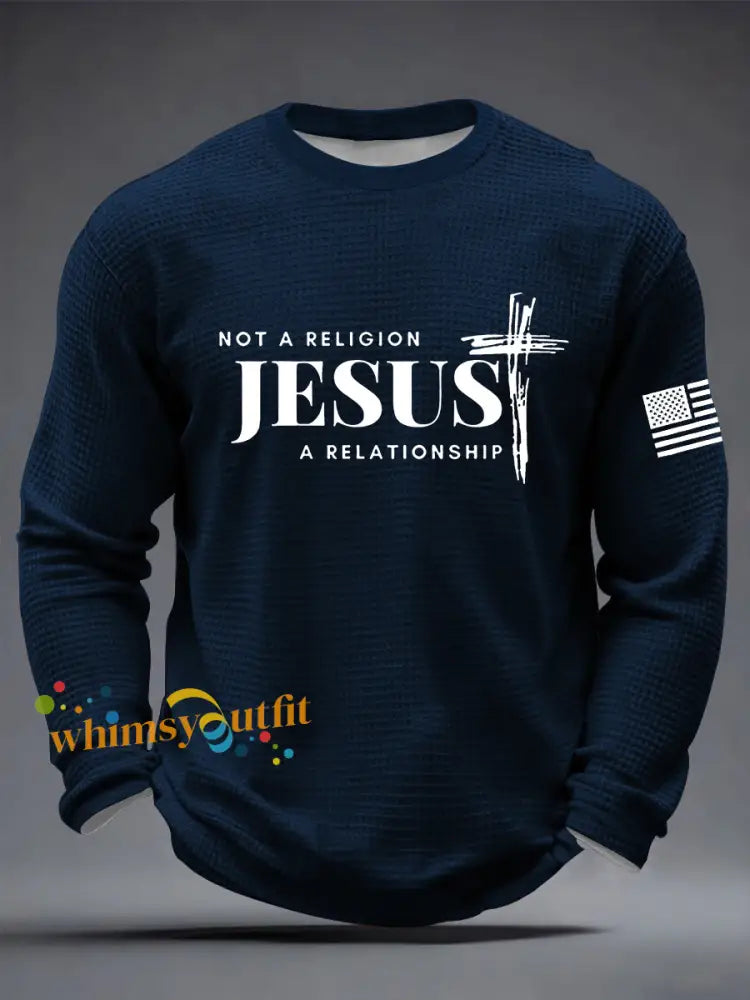 Men’s It’s Not Religion It’s A Relationship Jesus Cross Waffle Long Sleeve T-Shirt Navy Blue / S