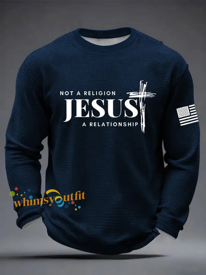 Men’s It’s Not Religion It’s A Relationship Jesus Cross Waffle Long Sleeve T-Shirt Navy Blue / S