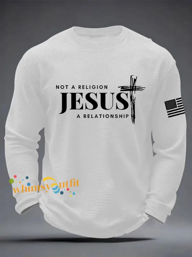 Men’s It’s Not Religion It’s A Relationship Jesus Cross Waffle Long Sleeve T-Shirt White / S
