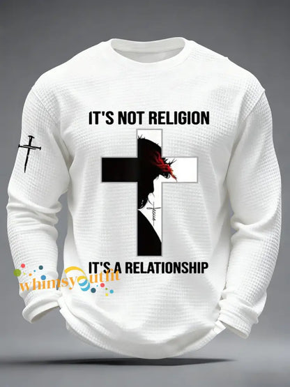 Men’s It’s Not Religion It’s A Relationship Jesus Cross Waffle Long Sleeve T-Shirt White / S