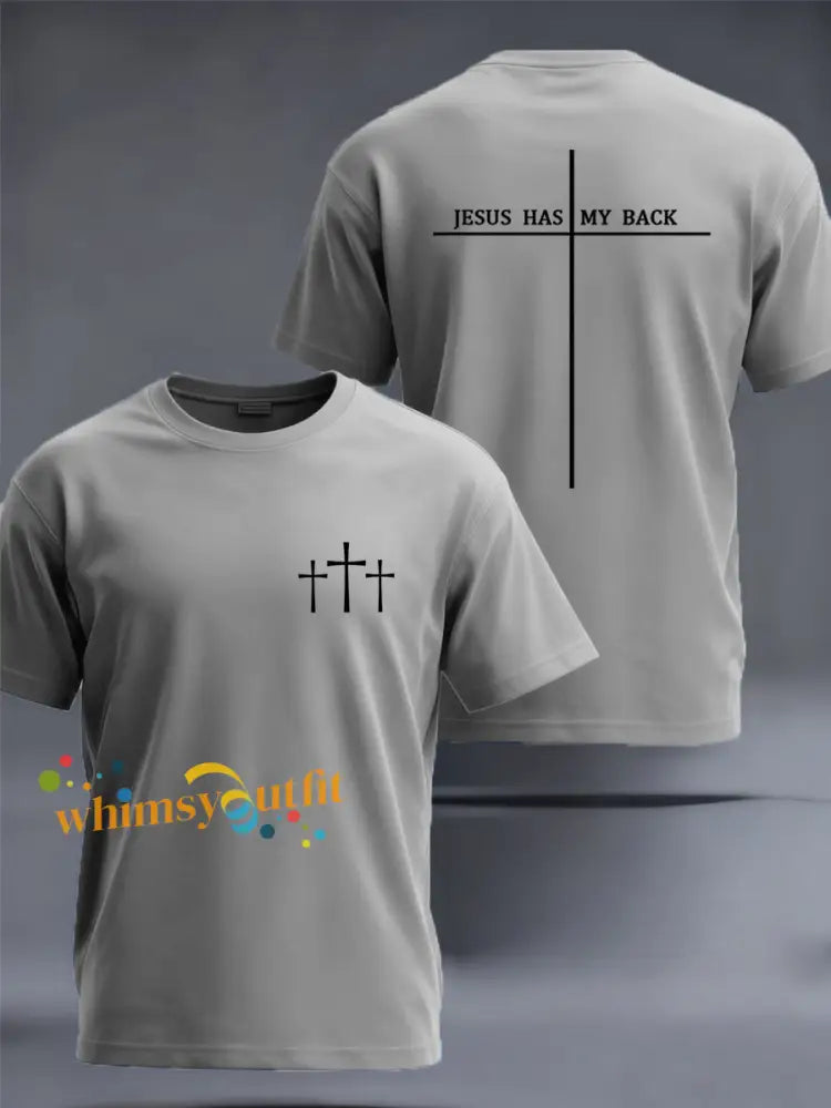 Men’s Jesus Has My Back Cross Faith Tee Light Gray / S