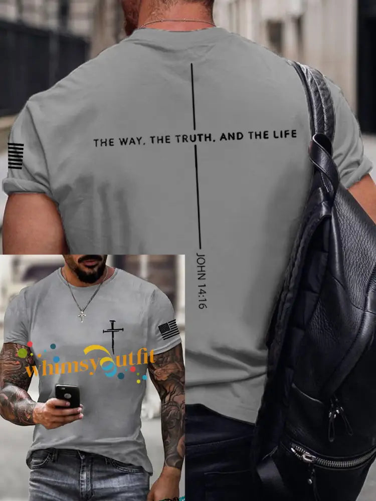 Men’s Jesus The Way The Truth The Life John 14:6 Christian Cross Short Sleeve T-shirt Light Gray / S