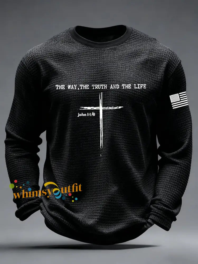 Men’s Jesus The Way The Truth The Life John 14:6 Christian Cross Waffle Long Sleeve T-Shirt Black / S