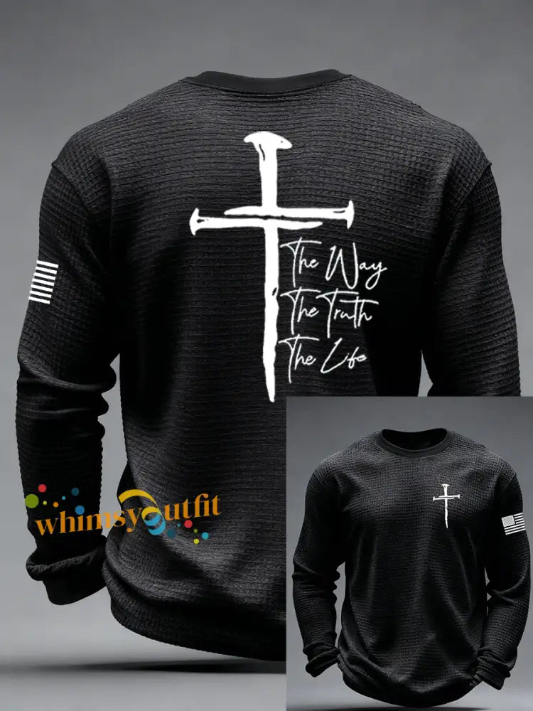 Men’s Jesus The Way The Truth The Life John 14:6 Christian Cross Waffle Long Sleeve T-Shirt Black / S