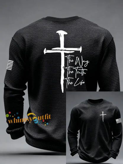Men’s Jesus The Way The Truth The Life John 14:6 Christian Cross Waffle Long Sleeve T-Shirt Black / S