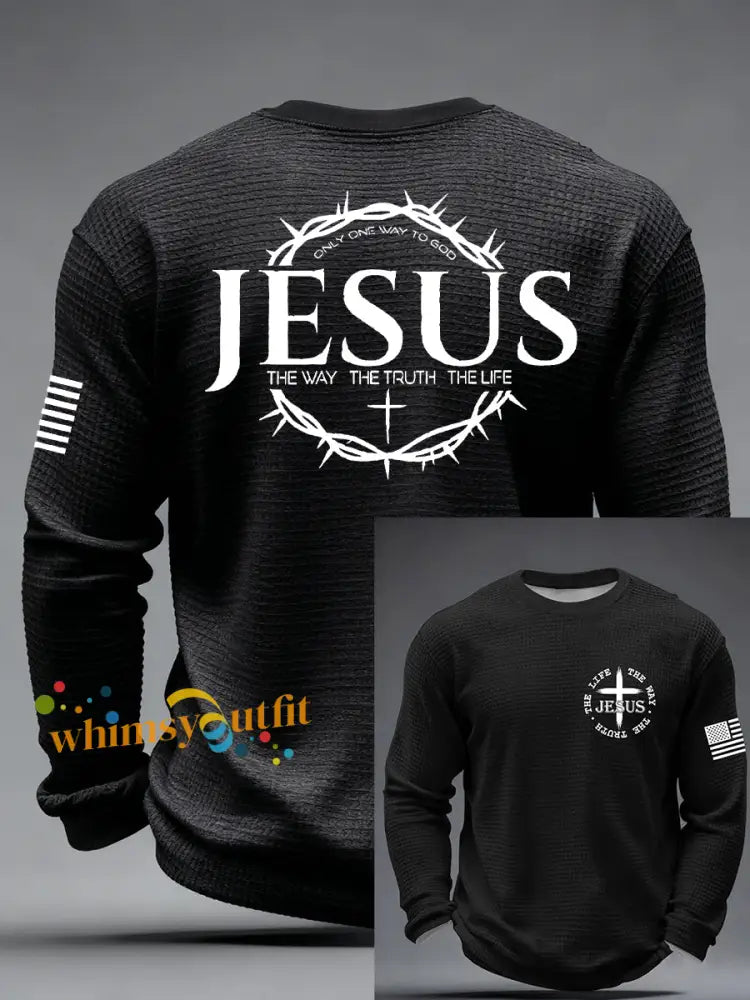 Men’s Jesus The Way The Truth The Life John 14:6 Christian Cross Waffle Long Sleeve T-Shirt Black / S