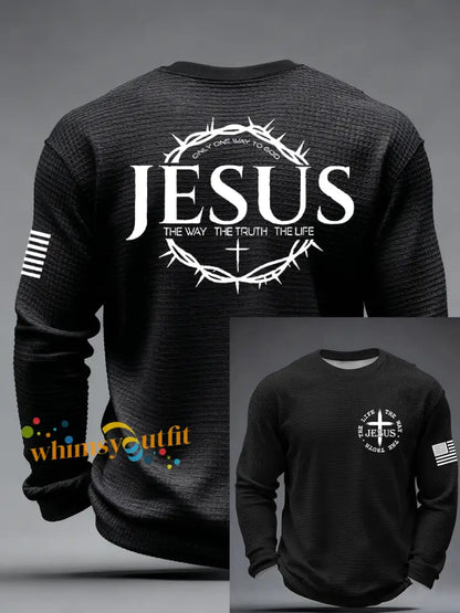 Men’s Jesus The Way The Truth The Life John 14:6 Christian Cross Waffle Long Sleeve T-Shirt Black / S