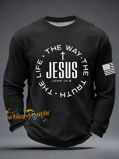 Men’s Jesus The Way The Truth The Life John 14:6 Christian Cross Waffle Long Sleeve T-Shirt Black / S