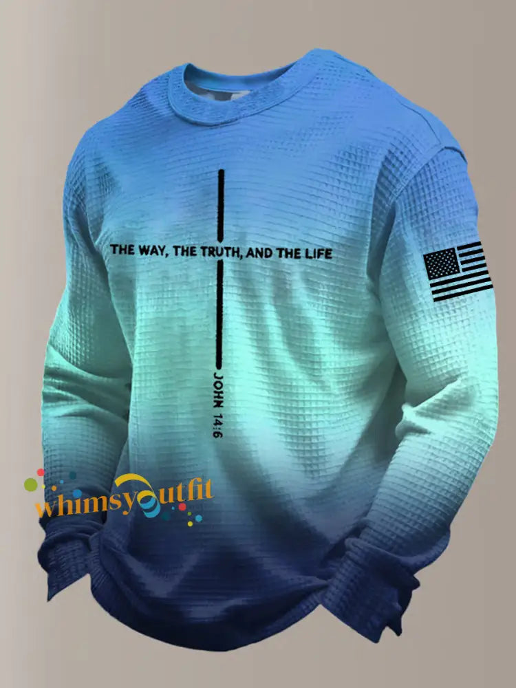 Men’s Jesus The Way The Truth The Life John 14:6 Christian Cross Waffle Long Sleeve T-Shirt Blue / S
