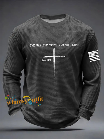Men’s Jesus The Way The Truth The Life John 14:6 Christian Cross Waffle Long Sleeve T-Shirt Dark Gray / S