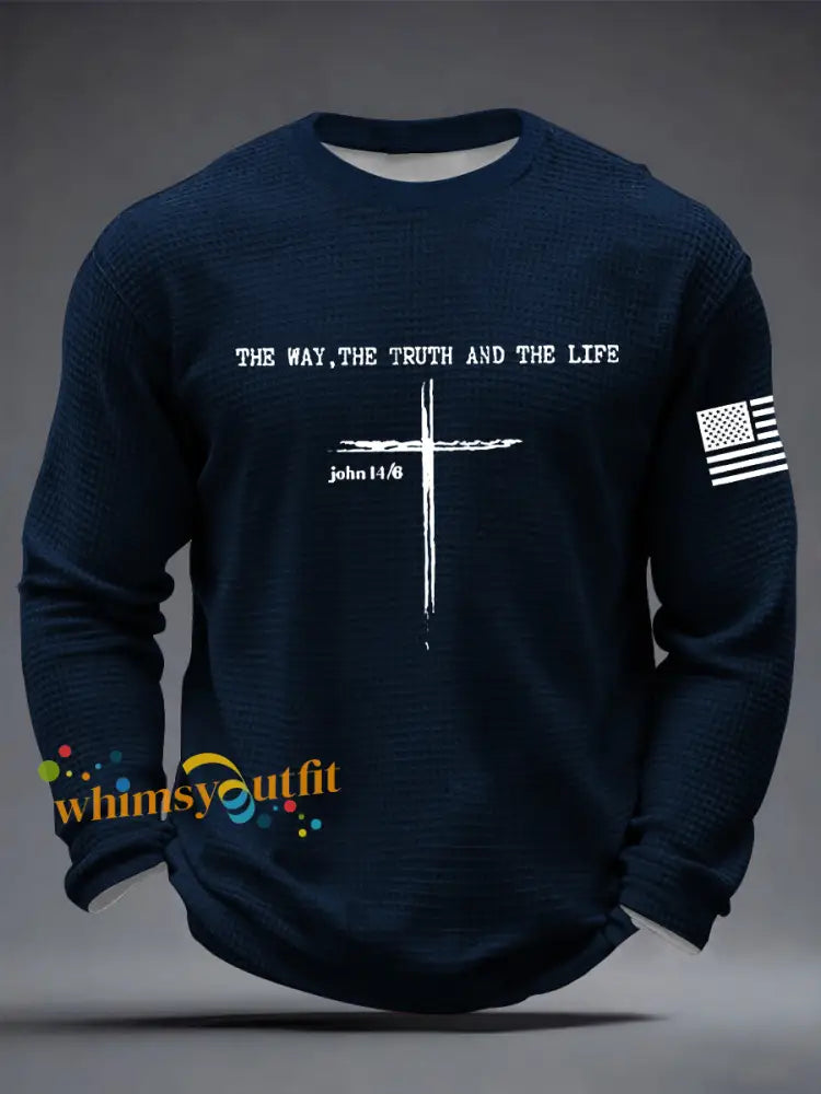 Men’s Jesus The Way The Truth The Life John 14:6 Christian Cross Waffle Long Sleeve T-Shirt Navy Blue / S
