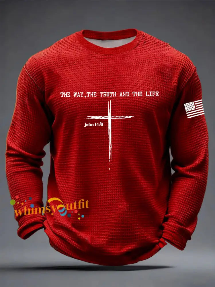 Men’s Jesus The Way The Truth The Life John 14:6 Christian Cross Waffle Long Sleeve T-Shirt Red / S