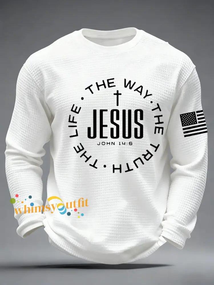 Men’s Jesus The Way The Truth The Life John 14:6 Christian Cross Waffle Long Sleeve T-Shirt White / S