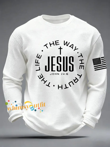 Men’s Jesus The Way The Truth The Life John 14:6 Christian Cross Waffle Long Sleeve T-Shirt White / S