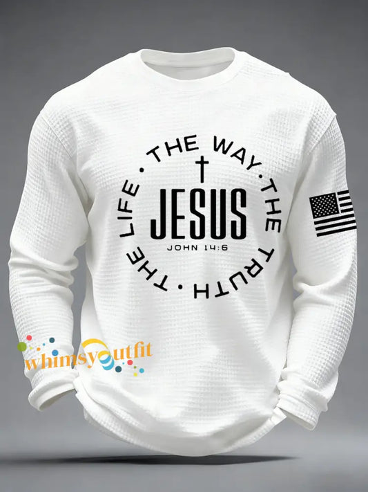 Men’s Jesus The Way The Truth The Life John 14:6 Christian Cross Waffle Long Sleeve T-Shirt White / S