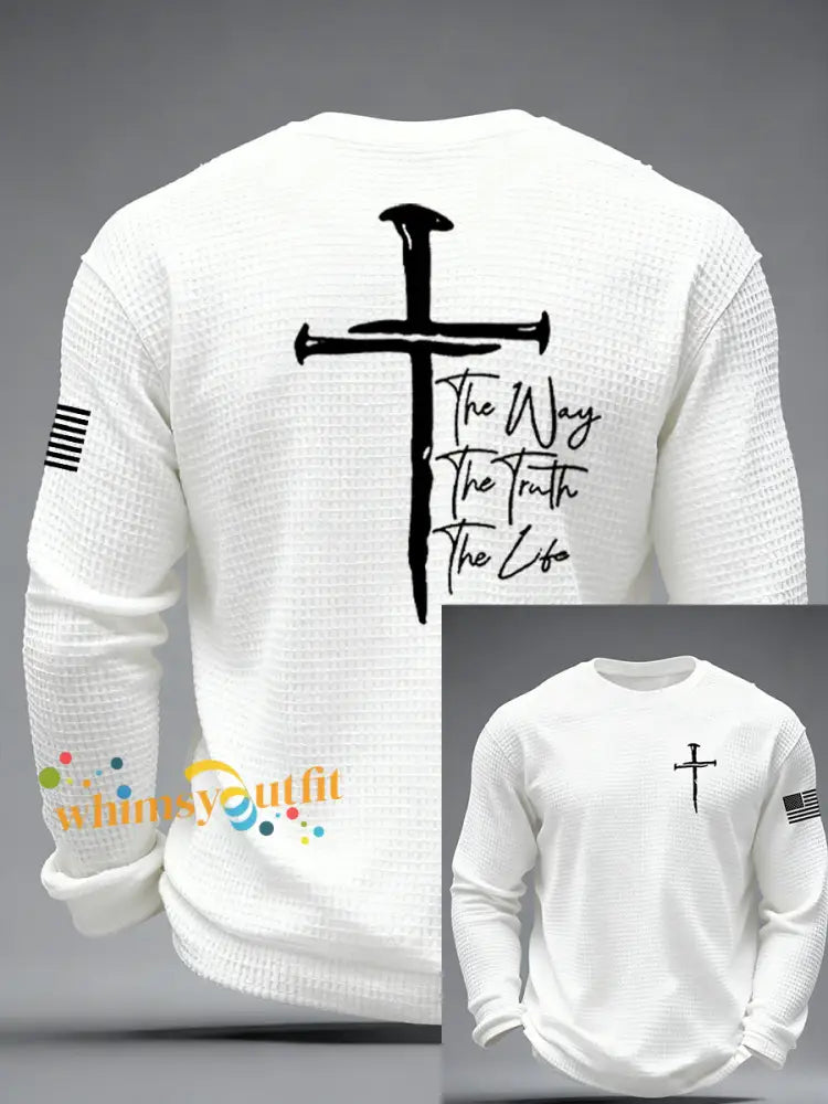 Men’s Jesus The Way The Truth The Life John 14:6 Christian Cross Waffle Long Sleeve T-Shirt White / S