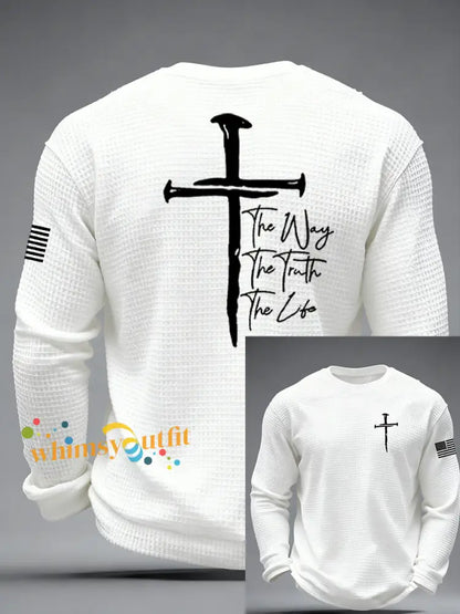 Men’s Jesus The Way The Truth The Life John 14:6 Christian Cross Waffle Long Sleeve T-Shirt White / S