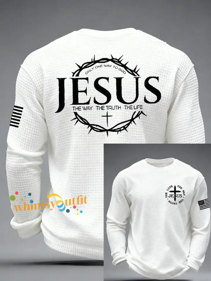 Men’s Jesus The Way The Truth The Life John 14:6 Christian Cross Waffle Long Sleeve T-Shirt White / S