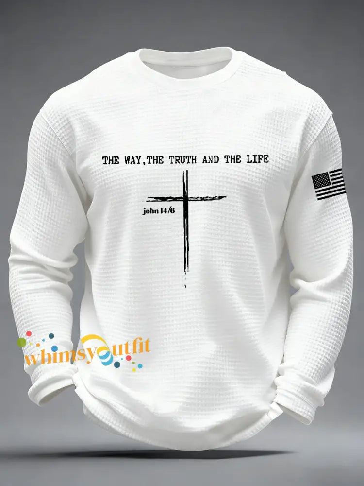 Men’s Jesus The Way The Truth The Life John 14:6 Christian Cross Waffle Long Sleeve T-Shirt White / S