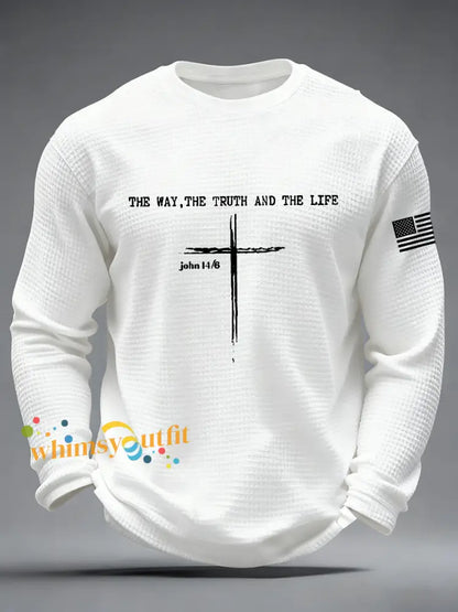 Men’s Jesus The Way The Truth The Life John 14:6 Christian Cross Waffle Long Sleeve T-Shirt White / S