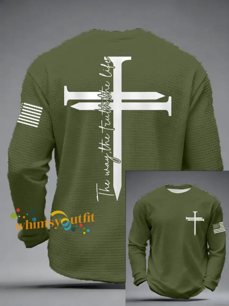 Men’s Jesus The Way The Truth The Life Nail Cross Print Casual Long Sleeve T-Shirt Army Green / S