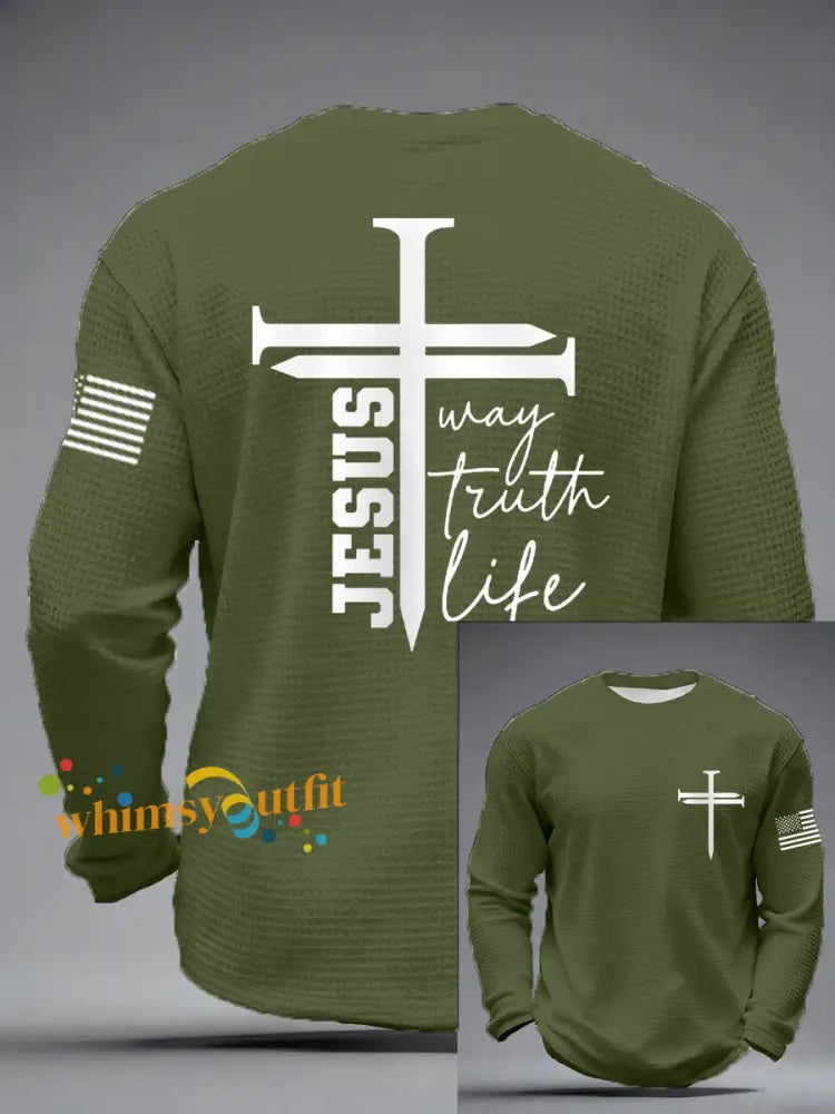 Men’s Jesus The Way The Truth The Life Nail Cross Print Casual Long Sleeve T-Shirt Army Green / S