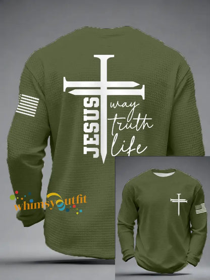 Men’s Jesus The Way The Truth The Life Nail Cross Print Casual Long Sleeve T-Shirt Army Green / S