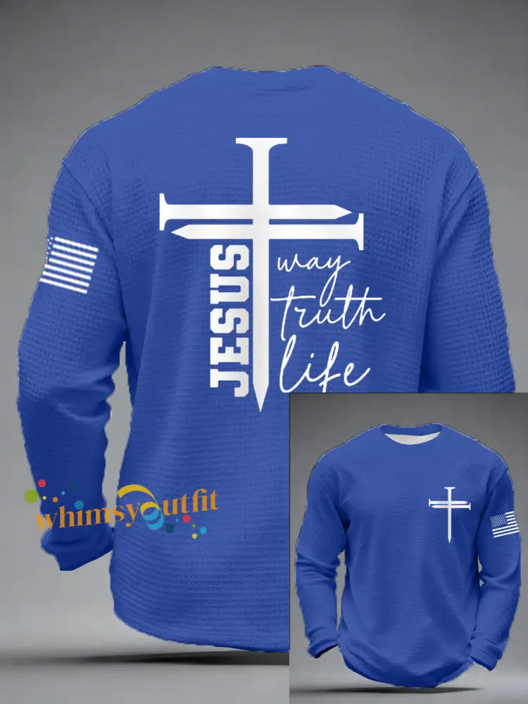 Men’s Jesus The Way The Truth The Life Nail Cross Print Casual Long Sleeve T-Shirt Blue / S