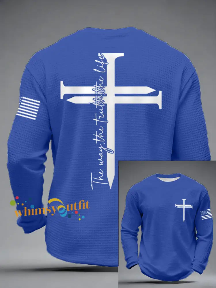 Men’s Jesus The Way The Truth The Life Nail Cross Print Casual Long Sleeve T-Shirt Blue / S