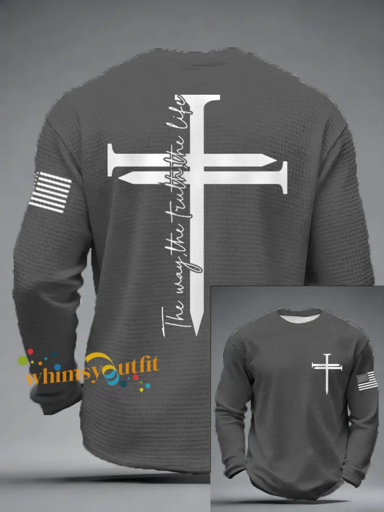 Men’s Jesus The Way The Truth The Life Nail Cross Print Casual Long Sleeve T-Shirt Gray / S