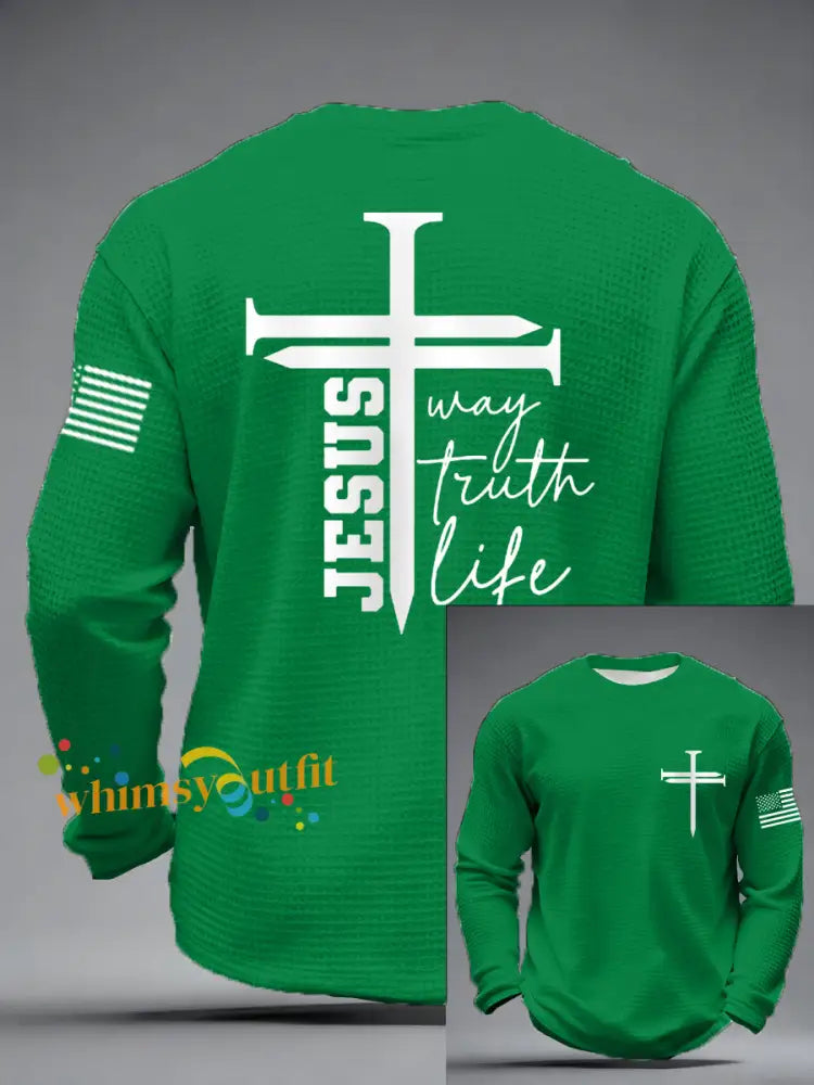 Men’s Jesus The Way The Truth The Life Nail Cross Print Casual Long Sleeve T-Shirt Green / S
