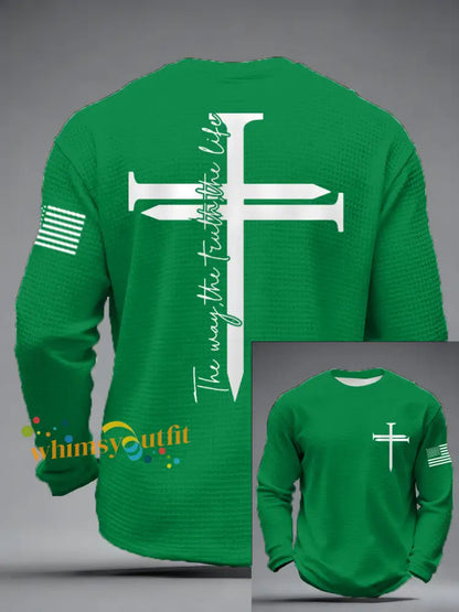 Men’s Jesus The Way The Truth The Life Nail Cross Print Casual Long Sleeve T-Shirt Green / S