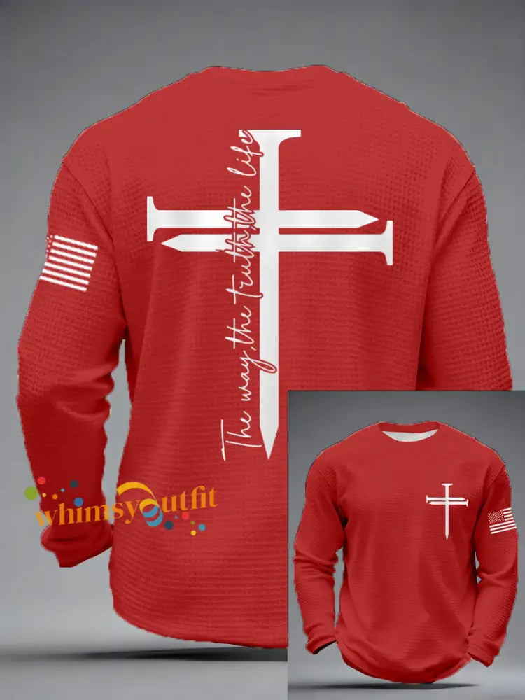 Men’s Jesus The Way The Truth The Life Nail Cross Print Casual Long Sleeve T-Shirt Red / S