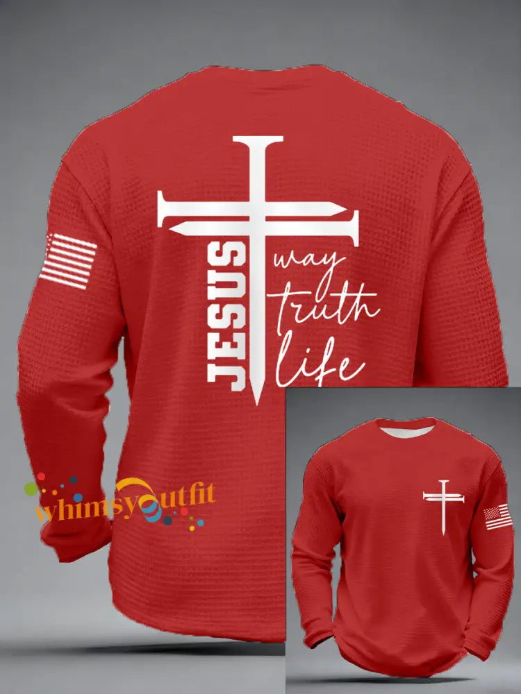 Men’s Jesus The Way The Truth The Life Nail Cross Print Casual Long Sleeve T-Shirt Red / S