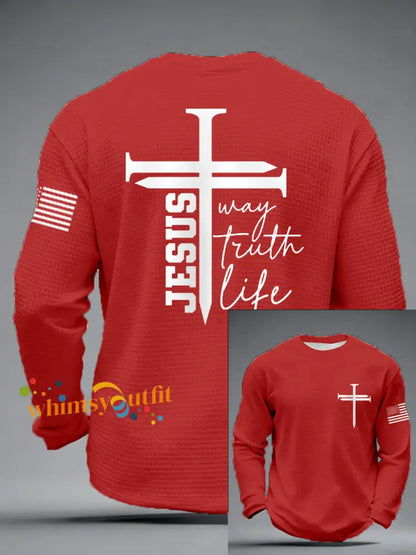 Men’s Jesus The Way The Truth The Life Nail Cross Print Casual Long Sleeve T-Shirt Red / S