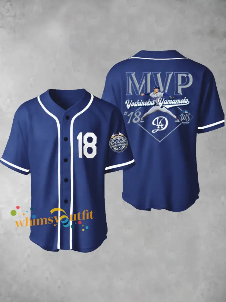 Men’s Los Angeles Dodgers Yohji Yamamoto MVP World Series Champion 2025 Reversible Baseball Short Sleeve Shirt Blue / S