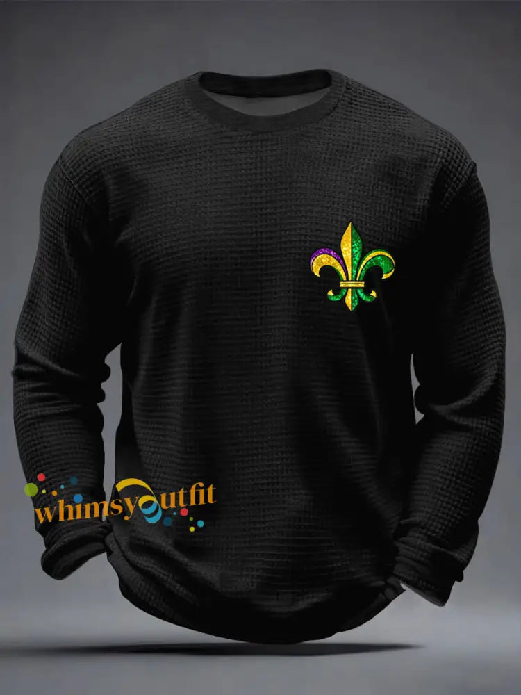 Men’s Mardi Gras Fleur De Lis Colorblock Print Casual Waffle Long Sleeve T-Shirt Black / S