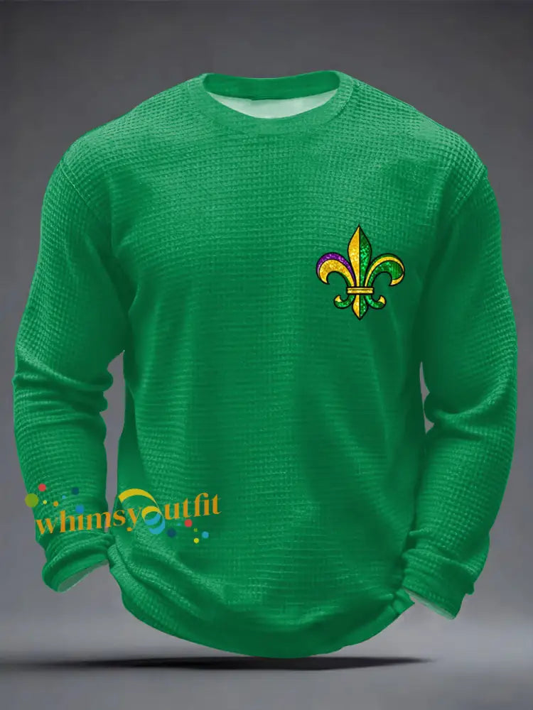 Men’s Mardi Gras Fleur De Lis Colorblock Print Casual Waffle Long Sleeve T-Shirt Green / S