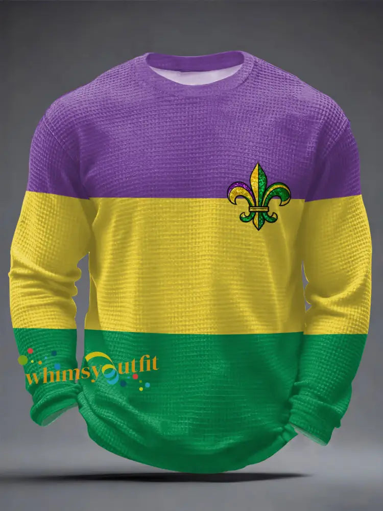 Men’s Mardi Gras Fleur De Lis Colorblock Print Casual Waffle Long Sleeve T-Shirt Mixed Color / S