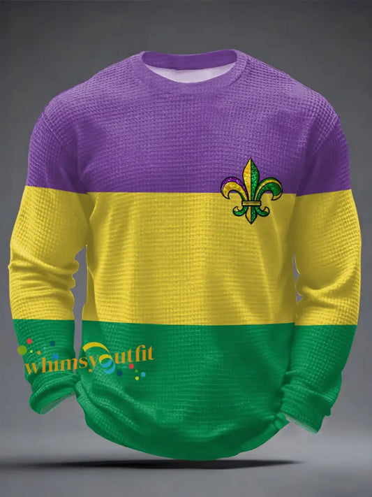 Men’s Mardi Gras Fleur De Lis Colorblock Print Casual Waffle Long Sleeve T-Shirt Mixed Color / S
