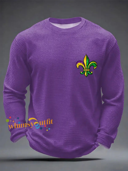 Men’s Mardi Gras Fleur De Lis Colorblock Print Casual Waffle Long Sleeve T-Shirt Purple / S