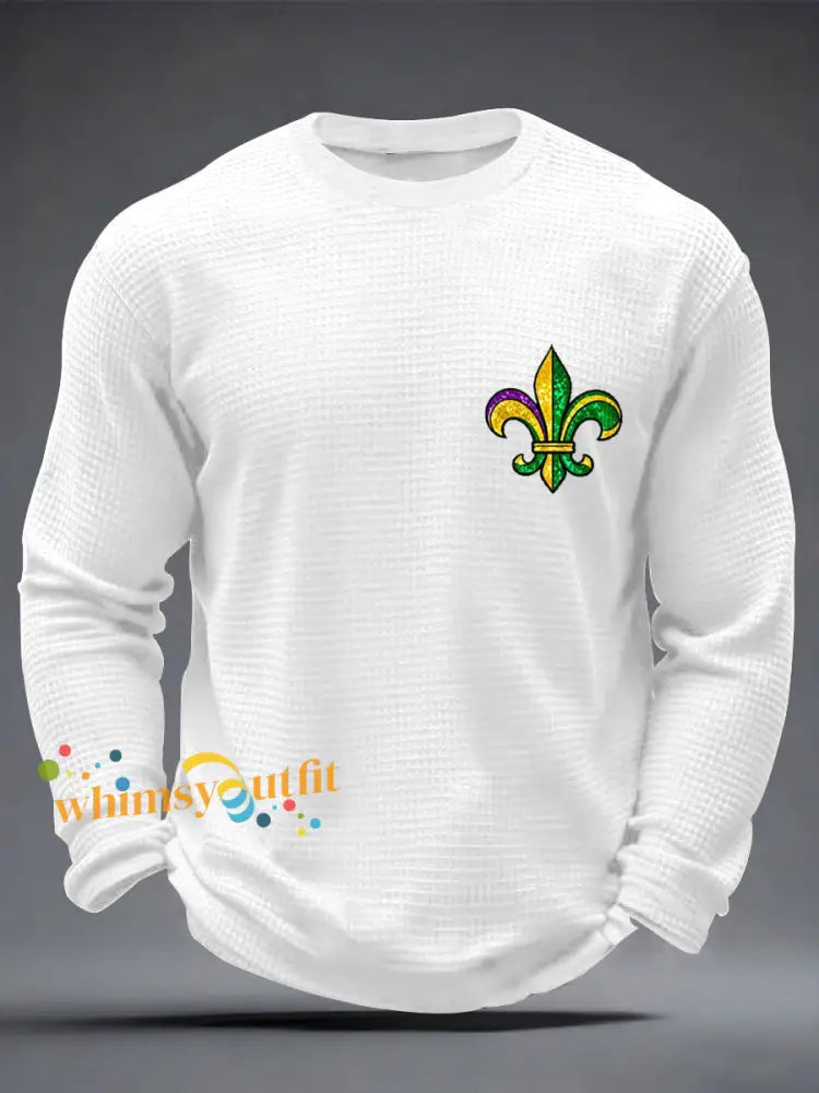 Men’s Mardi Gras Fleur De Lis Colorblock Print Casual Waffle Long Sleeve T-Shirt White / S