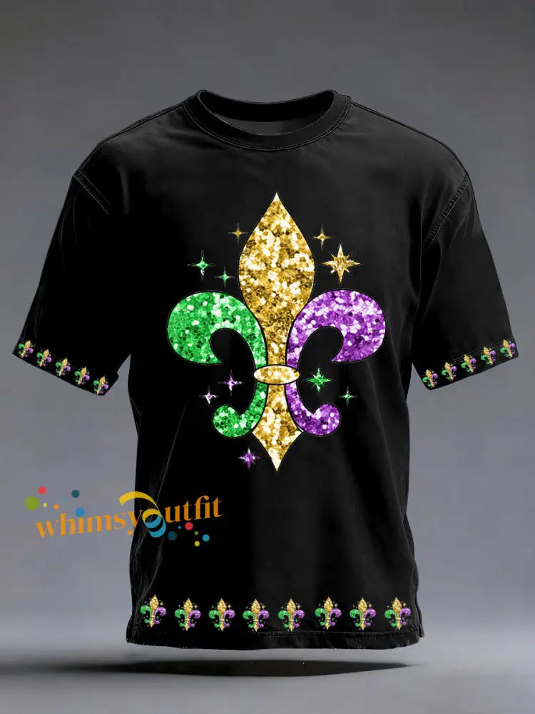 Men’s Mardi Gras Fleur De Lis Print Casual Tee Black / S